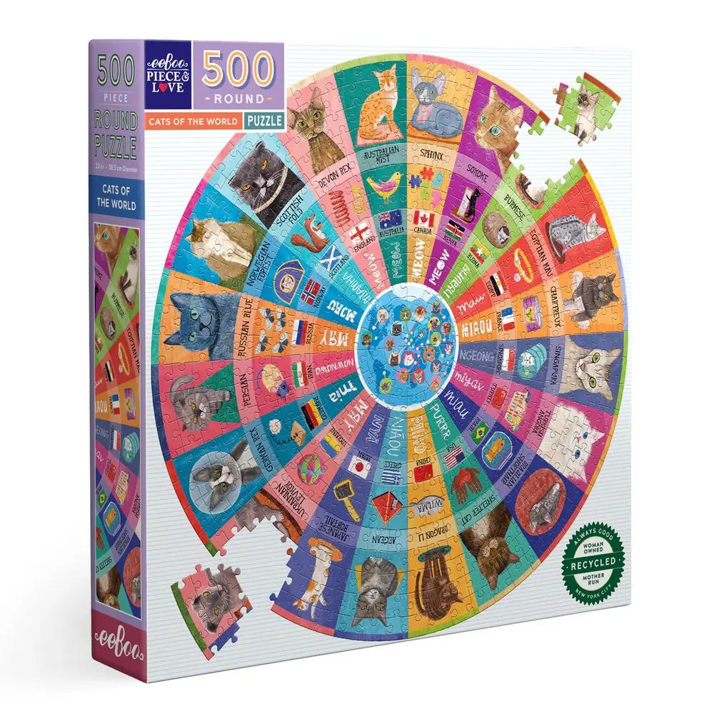 Eeboo, Puzzle, Gifts, 500 piece, Round, Cats of the World, 891939